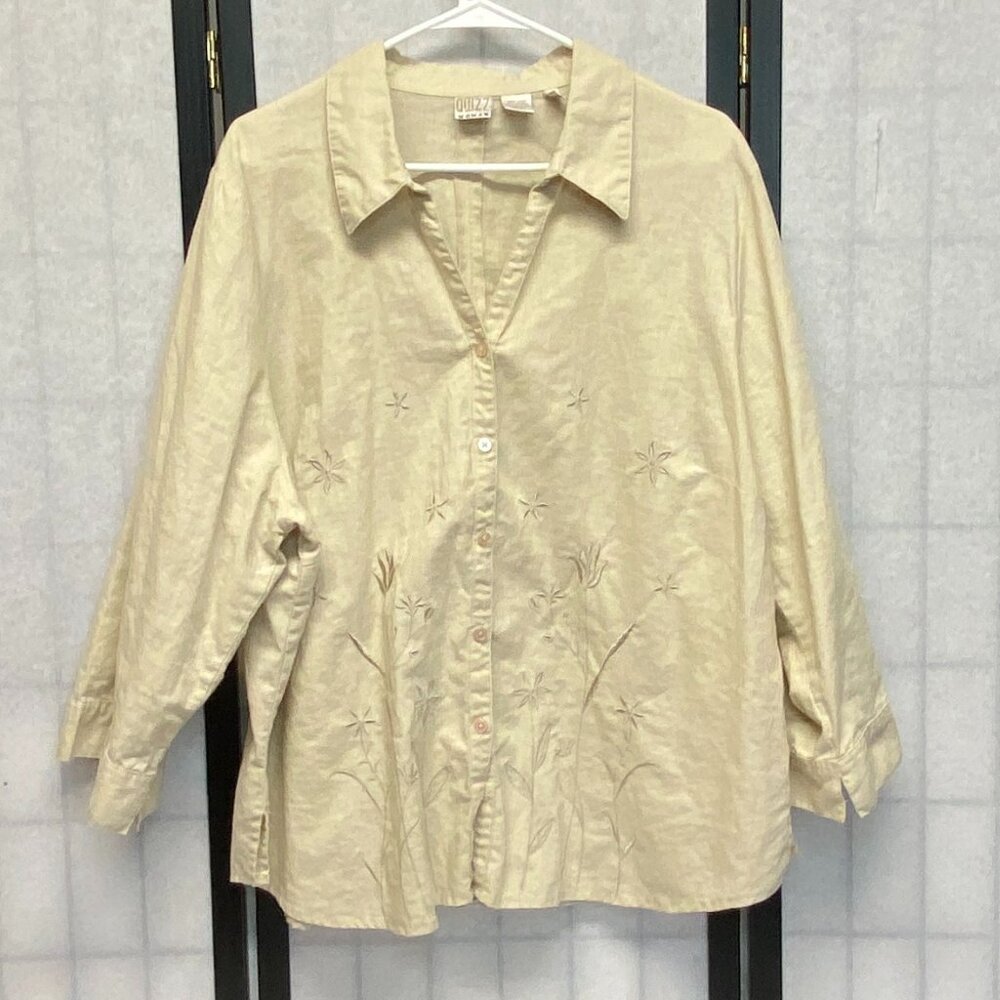 Quizz Woman Linen Blend 3/4 Sleeve Embroidered Button Up Shacket Tunic Beige 24